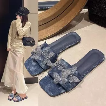Женские тапочки, сандалии на плоской подошве, летняя новинка 2024 года, пляжная обувь в синем джинсовом стиле, повседневные шлепанцы с круглым носком, женские удобные тапочки 36 синий