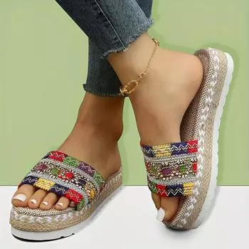 Женские тапочки, сандалии, тканые толстые сандалии на платформе с открытым носком, летние повседневные тапочки 35 разноцветный