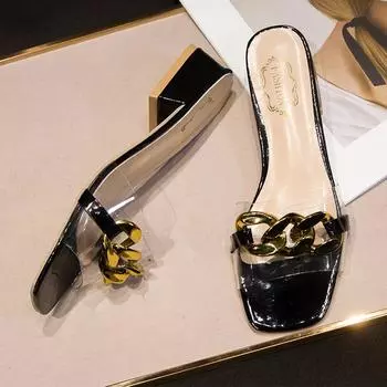 Женские тапочки. Сексуальная обувь на низком каблуке. Весенние новые дизайнерские сандалии с цепочкой. Шлепанцы из ПВХ с открытой пяткой. Повседневные женские шлепанцы. 39 бежевый