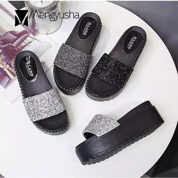 Женские тапочки-шлепанцы с металлическими заклепками и мерцающими кристаллами, с открытым носком, на платформе, серебристого/оружейного цвета, сандалии-кексы, женские 4.5