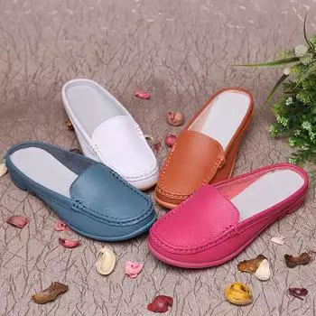 Женские тапочки-слайдеры Мягкие мюли Лоферы Слипоны Повседневные Элегантные Летние Сабо Кожаные Оранжевые Розовые Синие Мокасины Туфли Плюс Размер 35 белый