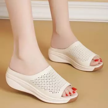 Женские тапочки-слайды, уличные тапочки с открытым носком, повседневные сандалии на толстой подошве для увеличения роста на платформе для мам 35 бежевый