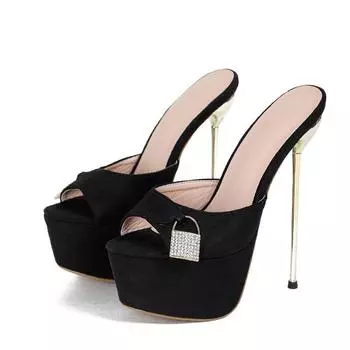 Женские тапочки со стразами, декоративные босоножки на платформе и сверхвысоком каблуке из замши, модные повседневные туфли-мюли для вечеринок 35