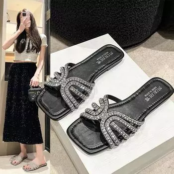 Женские тапочки со стразами, летняя модная нескользящая пляжная обувь, удобные женские сандалии на плоском квадратном каблуке 35