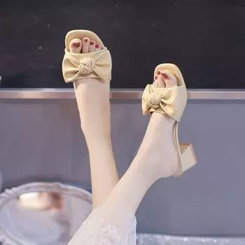 Женские тапочки, свадебные шлепанцы с бантом, босоножки, уличные туфли для женщин на каблуке, лето 2024 года, лучшие модели премиум-класса, но дешево 39 34