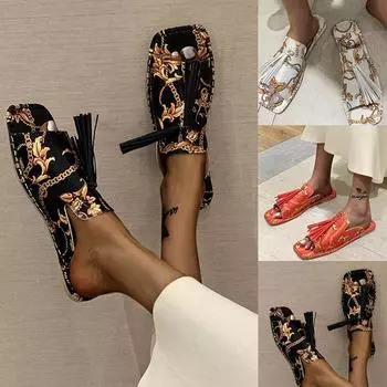 Женские тапочки, уличные сандалии, модные сандалии и тапочки на плоской подошве с цветочным декором и кисточками хорошего качества 35 чёрный