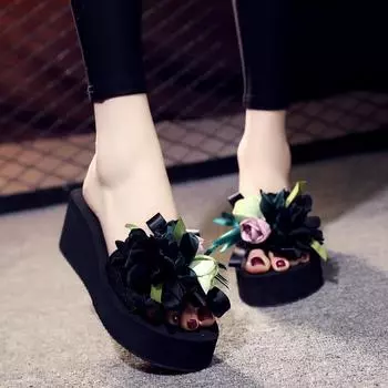 Женские тапочки в богемном стиле с аппликацией, пляжная обувь для девочек на высоких каблуках 41 чёрный