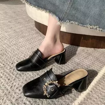 Женские тапочки в одну линию, новые летние кожаные, средний толстый каблук, мягкая подошва, нескользящий роскошный дизайн, женские 35