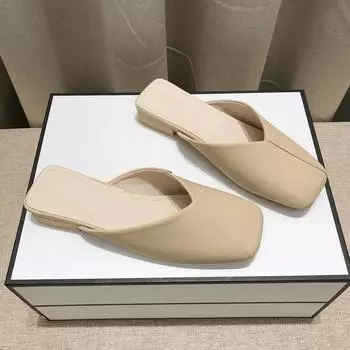 Женские тапочки во французском стиле для улицы и дома, весна-лето 2024 г., новые туфли на квадратном каблуке, классная мягкая кожа, однотонная универсальная обувь 35 чёрный