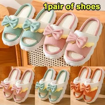 Женские тапочки, женские осенне-зимние домашние тапочки с бантом и толстой подошвой, домашние нескользящие домашние тапочки из хлопка и льна четырех сезонов 36-37 зелёный