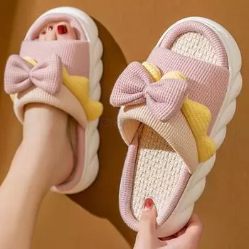 Женские тапочки Женские тапочки на платформе с открытым носком и бабочкой из льна Летние домашние тапочки для дома на все времена года Сандалии и тапочки для дома 36-37(22.5-23.0CM) зелёный