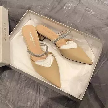 Женские тапочки, женские туфли, мюли с острым носком для женщин, 2024, тапочки на тонком каблуке, мягкие бежевые шлепанцы на каблуке, модные, новые, комфортные 34 абрикосовый