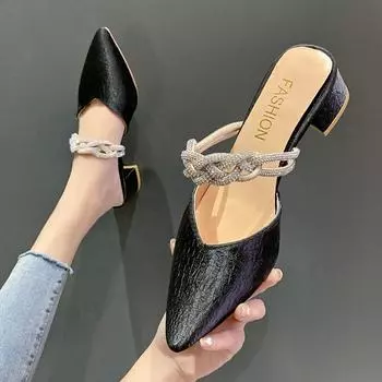 Женские тапочки, женские туфли, мюли с острым носком для женщин, 2024, тапочки на тонком каблуке, мягкие бежевые шлепанцы на каблуке, модные, новые, комфортные 35 бежевый