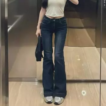 Женские темно-синие джинсы-клеш в стиле ретро с высокой талией - Petite Slim Fit, модные брюки Horseshoe S