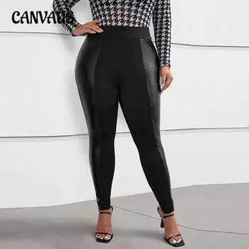 Женские Temperament PU Splicing Straight Tribute Tweed Plus Size Tight Брюки Осень-Зима Утепленные Узкие Брюки Узкие Ноги 1XL чёрный