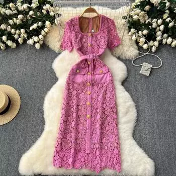 Женские темпераментные кружевные длинные платья с квадратным вырезом и металлическими пуговицами с короткими рукавами S чёрный