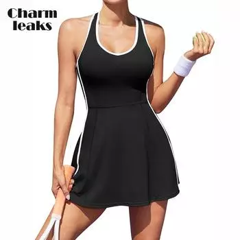 Женские теннисные платья Charmleaks контрастных цветов с шортами, карманами и бюстгальтером с V-образным вырезом, одежда для гольфа со спиной-борцовкой XS чёрный