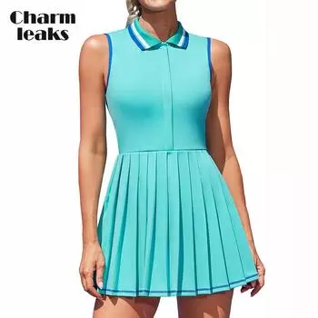 Женские теннисные платья Charmleaks, платье-поло в рубчик для гольфа, плиссированное тренировочное платье с половиной молнии, встроенные шорты и бюстгальтер XS цвет морской волны
