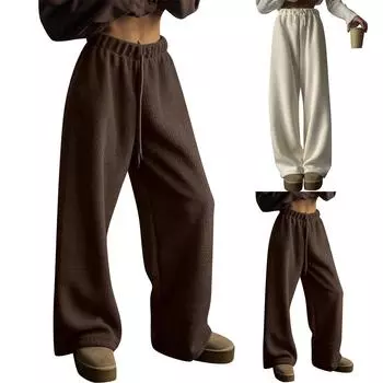 Женские теплые бархатные повседневные брюки с эластичной резинкой на талии и шнурком L бежевый