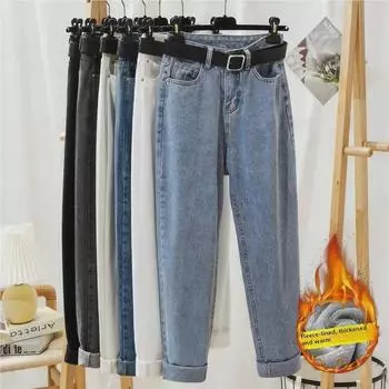 Женские теплые джинсы-карроты из бархата с высокой талией — свободные, универсальные и модные брюки прямого покроя Large