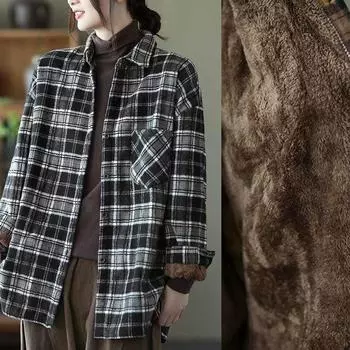 Женские теплые клетчатые рубашки, толстые плюшевые свободные осенне-зимние женские повседневные рубашки с длинным рукавом S коричневый
