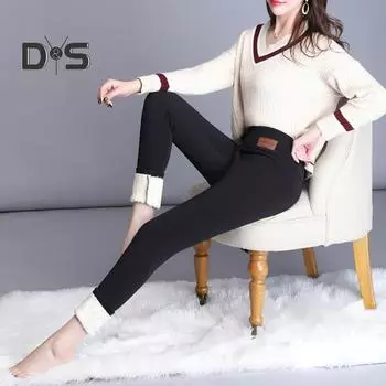 Женские теплые леггинсы с высокой талией, облегающие брюки с подъемом бедер, узкие брюки с бархатной подкладкой, утолщенные спортивные брюки для йоги L чёрный