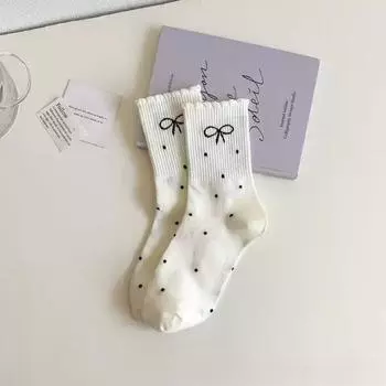 Женские теплые модные гольфы-трубы в горошек с бантом и кружевом на весну и осень 1 pair