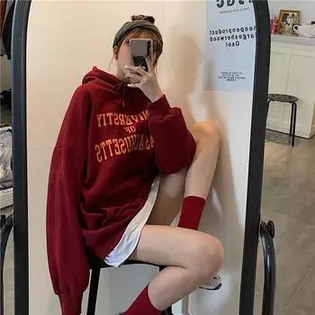 Женские теплые мягкие толстовки с капюшоном, свитер с подкладкой, женский, в студенческом стиле, свободный, средней длины, с буквенным принтом, повседневный, с дикими персонажами, в ретро-стиле, простой, литературный, с длинными рукавами M белый