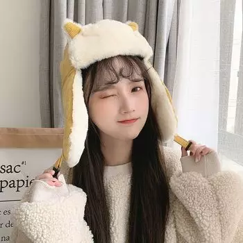 Женские теплые наушники, утепленная шапка с ушами, зимняя кашемировая плюшевая хлопковая шапка с кошачьими ушками, зимняя русская шапка-бомбер 56-58cm хаки