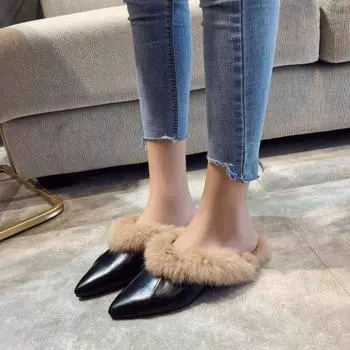 Женские теплые нескользящие сандалии без шнуровки на плоской подошве с закрытым острым носком, тапочки 37 бежевый