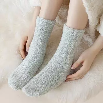 Женские теплые носки средней длины из кораллового флиса — японский стиль, чистый цвет, всесезонные домашние носки для отдыха One Size чёрный