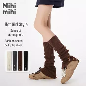 «Женские теплые осенне-зимние носки длиной до икры — однотонные, средней длины, с пуговицей, в индивидуальной упаковке» One Size