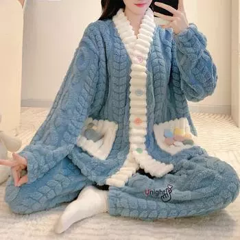 Женские теплые пижамные комплекты зимние толстые зимние пижамы из кораллового флиса фланелевые пижамы больших размеров ночная одежда домашняя одежда M