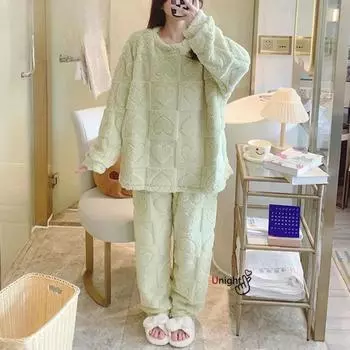 Женские теплые пижамные комплекты зимние толстые зимние пижамы из кораллового флиса фланелевая пижама ночная одежда домашняя одежда M синий