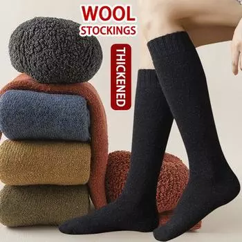 Женские теплые шерстяные чулки зимой, утолщенные женские зимние носки до середины икры, морозостойкие шерстяные гольфы чёрный
