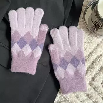 Женские теплые шерстяные перчатки с сенсорным экраном Violet rhombic full finger-G57 gloves All yards