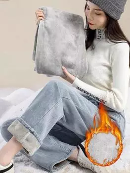 Женские теплые широкие джинсы с высокой талией, бархатные вакерос, повседневные толстые мешковатые брюки, корейская мода, прямые джинсовые брюки, зима S