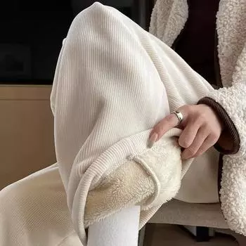 Женские теплые утолщенные вельветовые брюки, широкие спортивные брюки, зимние прямые брюки с высокой талией, теплые свободные простые брюки из овечьей шерсти M покинуть белый