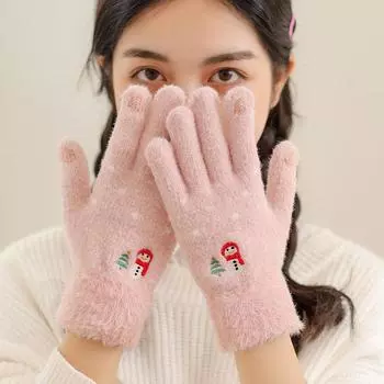 Женские теплые вязаные милые корейские перчатки Снеговик с бархатными сенсорными перчатками белый