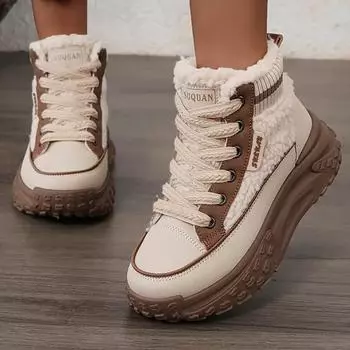 Женские теплые высокие кроссовки с подкладкой из искусственного меха - Коричнево-бежевые с круглым носком, на толстой подошве, повседневная удобная обувь 40 хаки