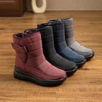 Женские теплые зимние ботинки с липучкой, полусапожки до середины голени с подкладкой из искусственного меха, нескользящие водонепроницаемые ботинки с боковой молнией, зимняя обувь для женщин 35 чёрный