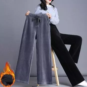 Весенние и осенние женские теплые плюшевые толстые брюки вельветовые брюки с высокой талией повседневные свободные женские широкие брюки M чёрный