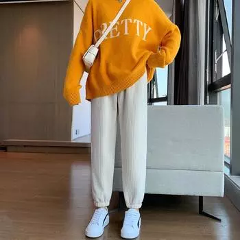 Женские теплые зимние плюшевые толстые кашемировые вельветовые брюки, женские повседневные спортивные штаны в корейском стиле, свободные длинные брюки-шаровары для бега M чёрный