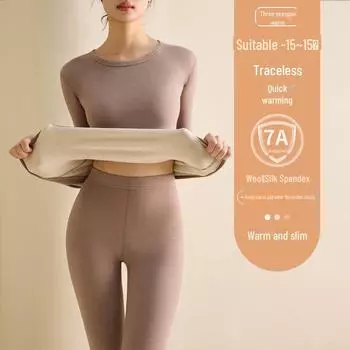 Женские термокостюмы из шерсти и шелка: Антибактериальное зимнее нижнее белье с круглым вырезом и бархатной подкладкой top, XXL (135-160 catties) светло-розовый