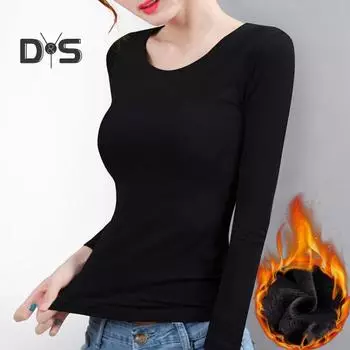 Женские термотопы с круглым вырезом, длинным рукавом, бархатной подкладкой, облегающие однотонные теплые футболки XL чёрный