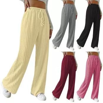 Женские текстурированные вязаные широкие брюки, эластичные однотонные повседневные свободные брюки с высокой талией, прямые брюки L бежевый