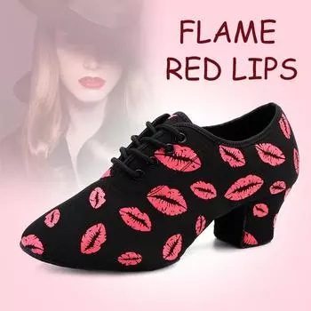 Женские тканевые туфли для бальных танцев в помещении с красными губами, современные туфли для латинских танцев 5cm heel-34 чёрный/красный