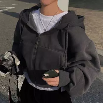 Женские толстовки 2023, осенние однотонные толстовки в стиле ретро в стиле ретро на молнии, большие толстовки Harajuku, корейская версия, куртки с капюшоном и длинными рукавами, пальто S серый