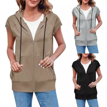 Женские толстовки без рукавов на молнии, повседневные, свободного кроя, с завязками, толстовки, куртки, жилеты с карманами S