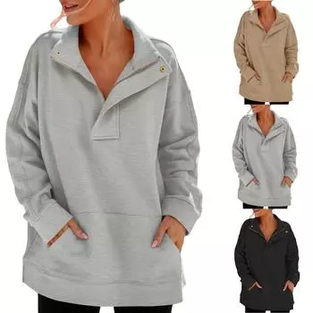 Женские толстовки большого размера на молнии с половиной молнии, повседневные свободные пуловеры с длинными рукавами, туники, топы с карманом M хаки